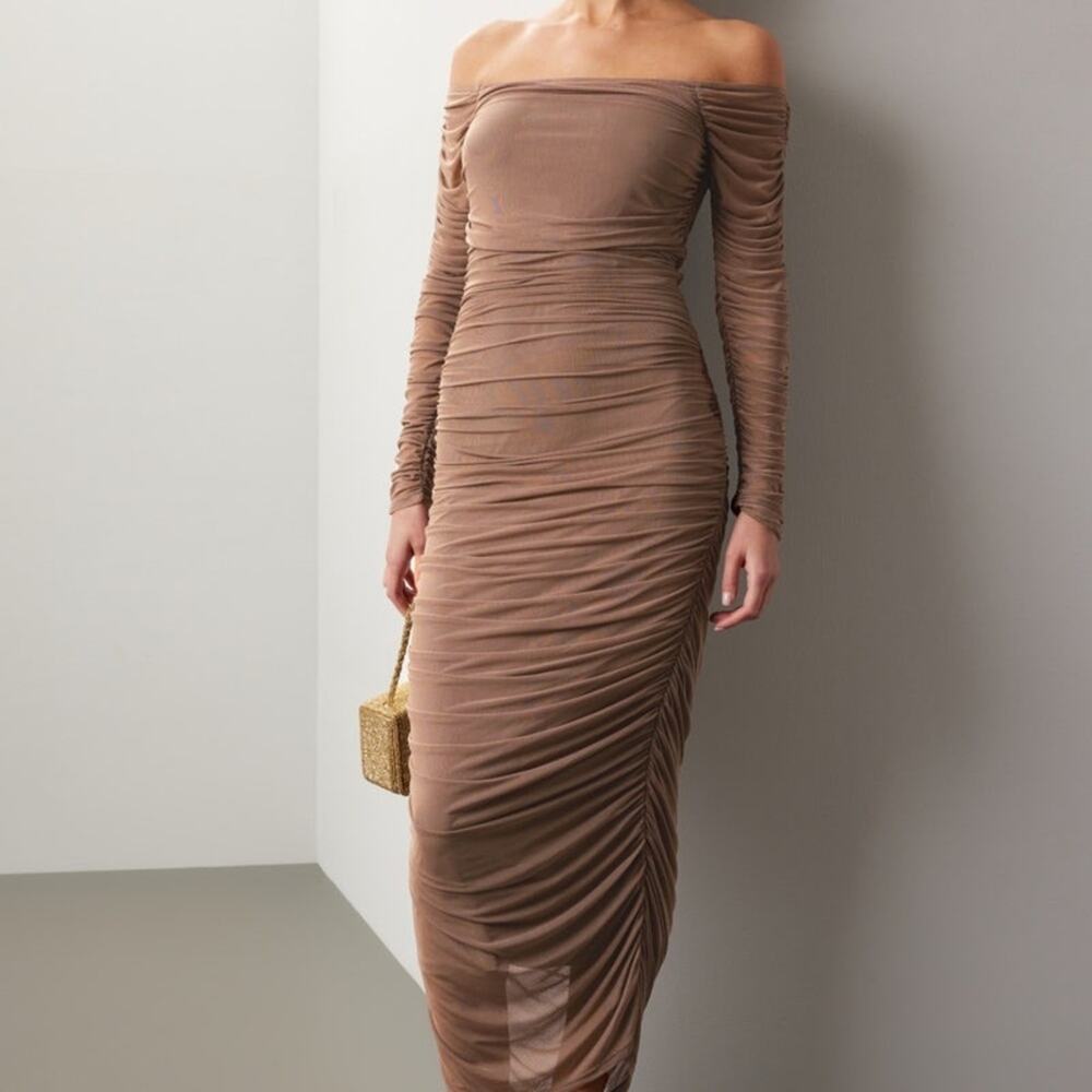 Caroline Constas Tara Party Off-Shoulder Ruched Bodycon Dress Beige Brown
